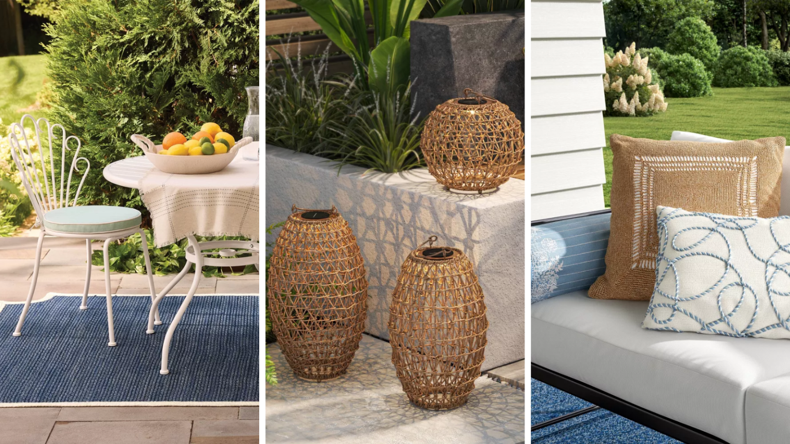 La vente du Memorial Day de Target regorge de milliers d’offres sur des meubles d’extérieur chics – mais ces 15 choix ont le sceau d’approbation de mon éditeur de style a set of three outdoor scenes including a bistro set, some lanterns, and outdoor pillows