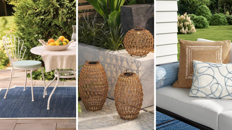 a set of three outdoor scenes including a bistro set, some lanterns, and outdoor pillows