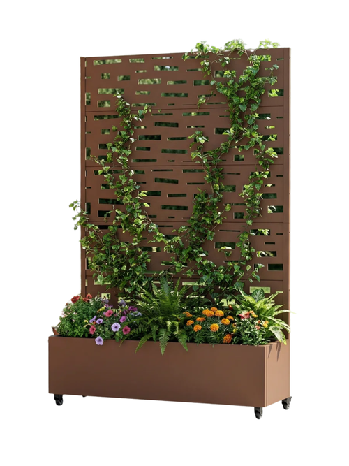 Jardinière en métal avec treillis avec roulettes