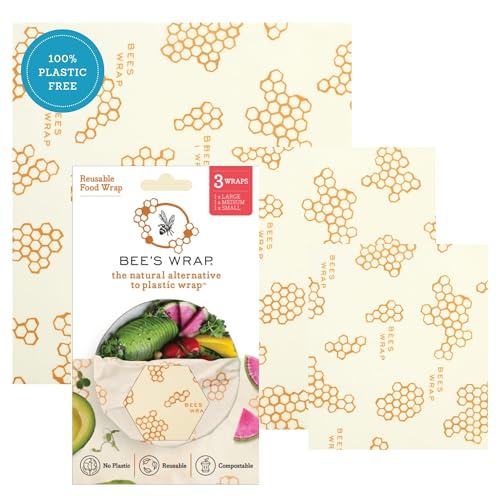 Bee's Wrap Beeswax Wraps for Food - Paquet de 3 emballages assortis à la cire d'abeille - Petits, moyens et amp; Grand emballage – Emballage alimentaire naturel réutilisable, sans plastique, fabriqué aux États-Unis – Impression nid d'abeille