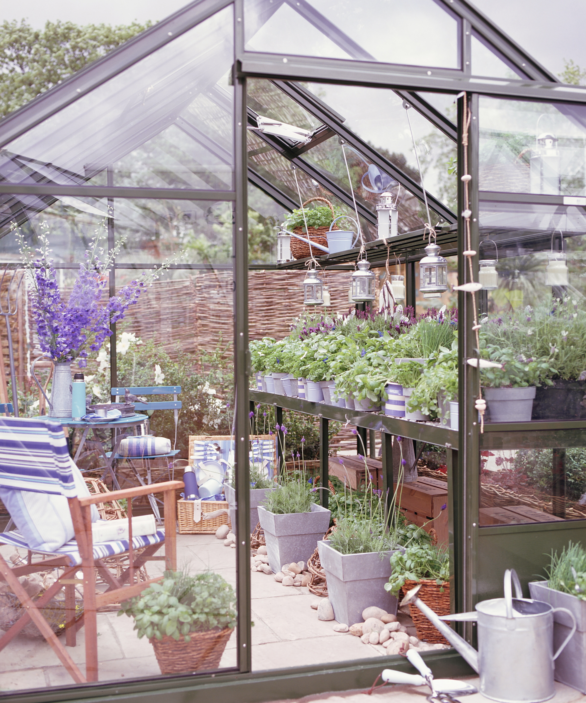 Une serre avec des étagères de propagation recouvertes de pots et de plateaux à graines, ainsi qu'une table et des chaises