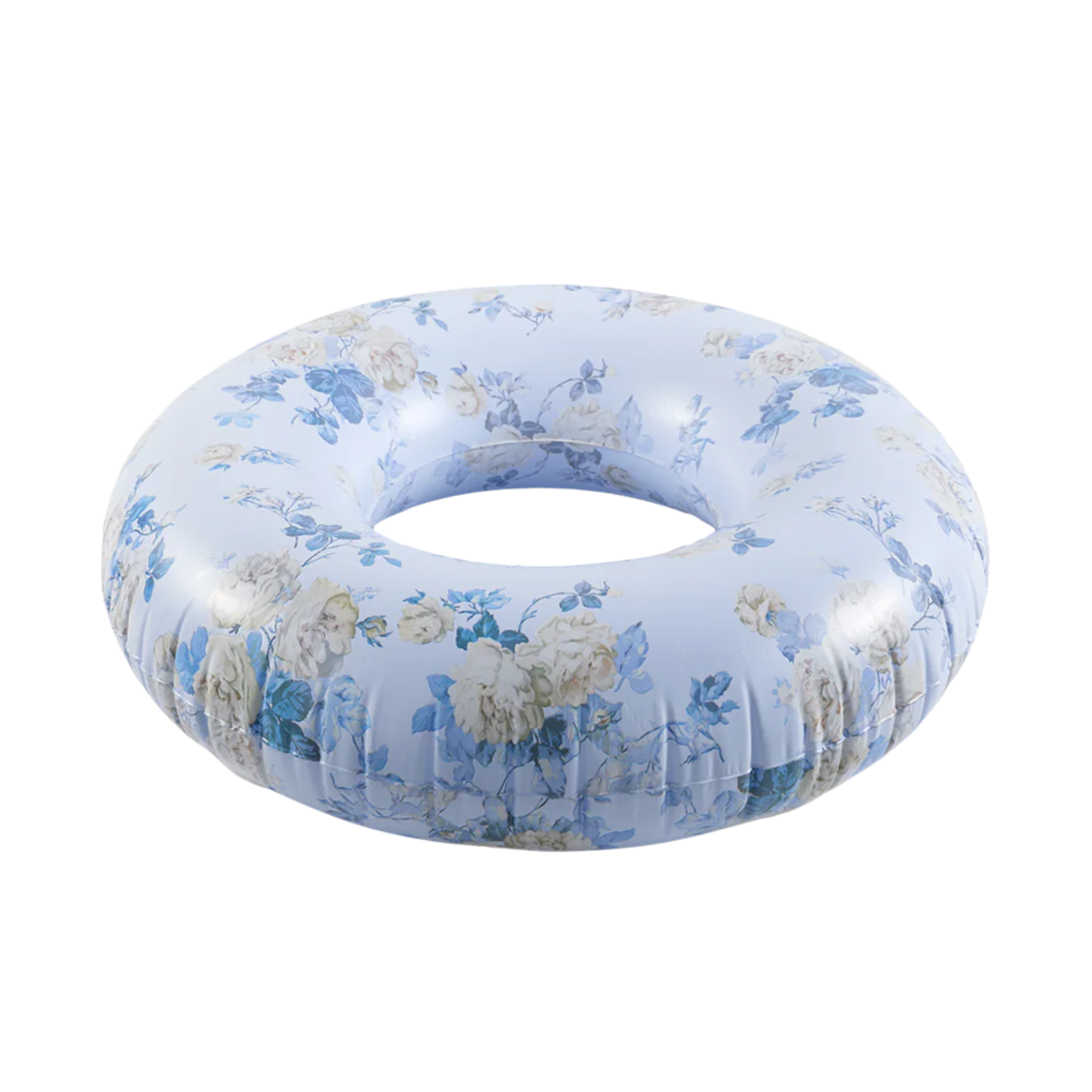 un flotteur de piscine fleuri bleu