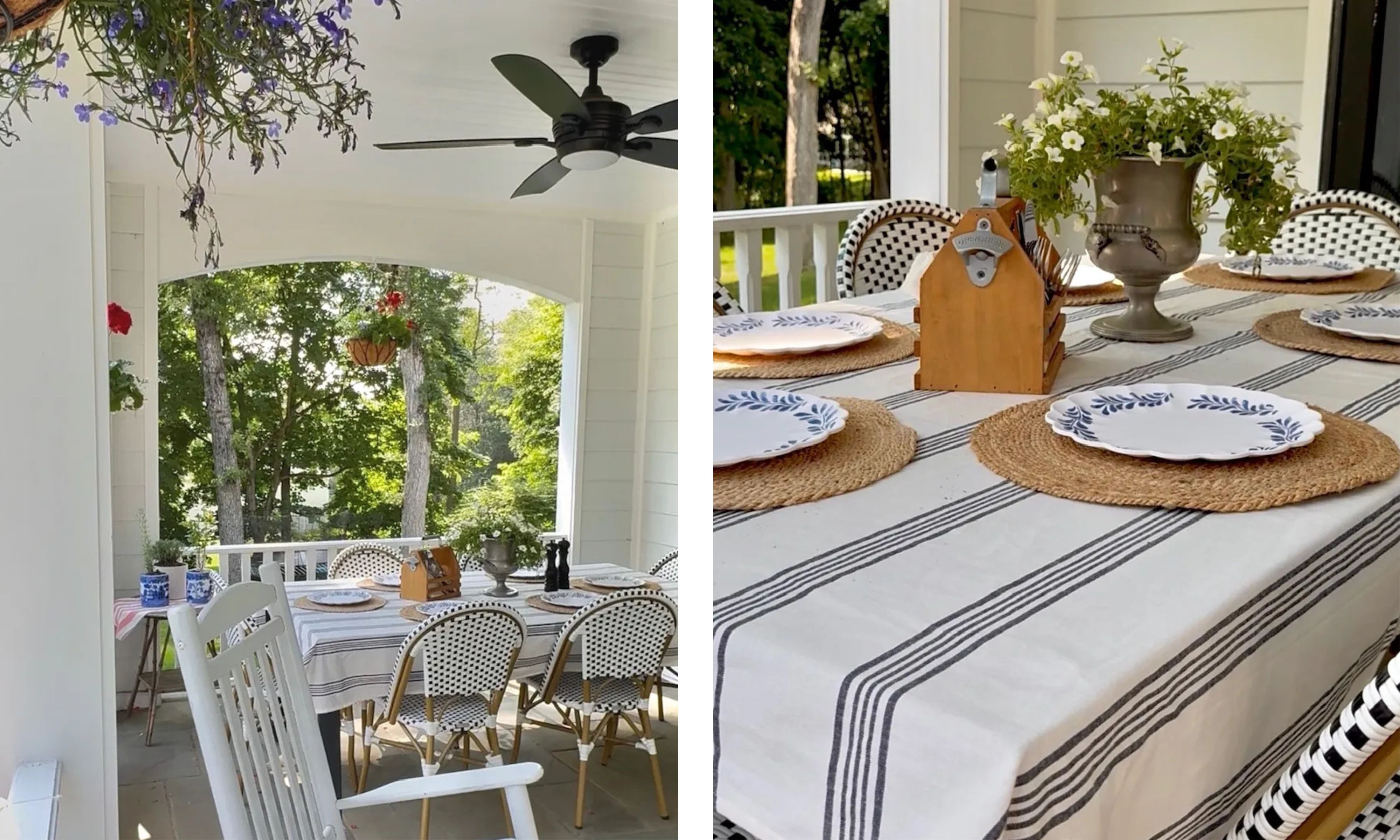 Un ensemble de salle à manger de porche avec une nappe rayée sur la gauche ; un gros plan d'assiettes bleues et blanches sur des sets de table tissés avec un panier à ustensiles en bois à droite.