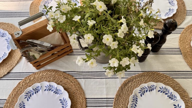 outdoor table with striped placemat