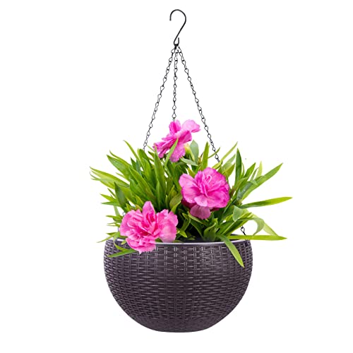 Vencer Jardinières suspendues rondes en résine rotin de 11 pouces, panier suspendu à arrosage automatique pour plantes intérieures et extérieures, pots de fleurs suspendus avec trou de drainage et chaîne en métal, indicateur d'eau, café, vf-A15-C