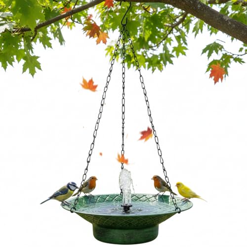 Bain d'oiseaux suspendu Aifeorzo avec fontaine solaire, 12,6 pouces Bain d'oiseaux à énergie solaire, fontaine à colibris en métal, bain d'oiseaux pour jardin, Patio, décoration de pelouse, vert