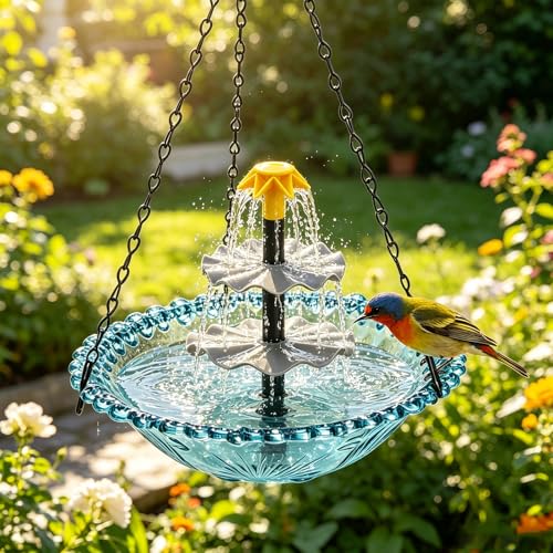 Fontaine de bain d'oiseaux solaire à suspendre – Bain d'oiseaux suspendu amélioré à 3 niveaux, bains d'oiseaux pour décoration de jardin, terrasse, cour, fontaines de bains en cascade de colibris d'extérieur bleus
