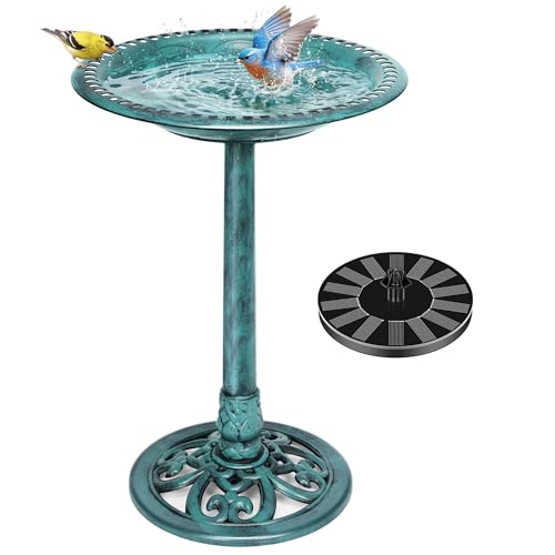 Vivohome Bain d'oiseaux avec fontaine solaire pour l'extérieur, bains d'oiseaux sur pied en polyrésine avec pompe à énergie solaire pour l'extérieur, jardin, bains d'oiseaux résistants aux intempéries avec 20 pouces de hauteur Bol, vert