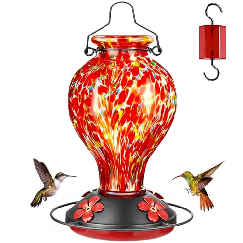Tegarbed Mangeoires à colibris en verre soufflé à la main pour l'extérieur à suspendre, mangeoire à nectar d'oiseaux sauvages de 24 oz avec douves de fourmis et perchoir, ports résistants aux abeilles, décoration de jardin, cadeaux pour femmes maman, 1 paquet, pois rouges