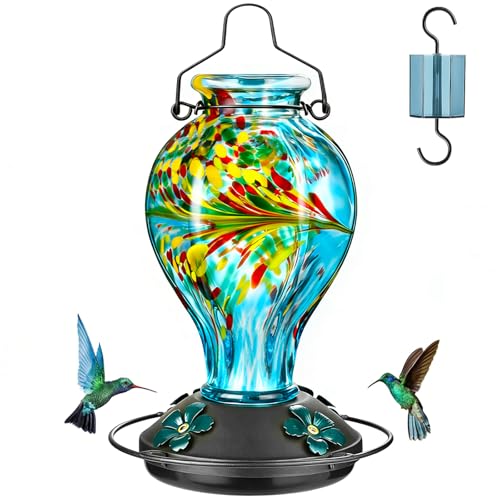 Tegarbed Mangeoires à colibris en verre soufflé à la main pour l'extérieur à suspendre, mangeoire à nectar d'oiseaux sauvages de 24 oz avec douves de fourmis et perchoir, ports résistants aux abeilles, décoration de jardin, cadeaux pour femmes maman, 1 paquet, phénix bleu