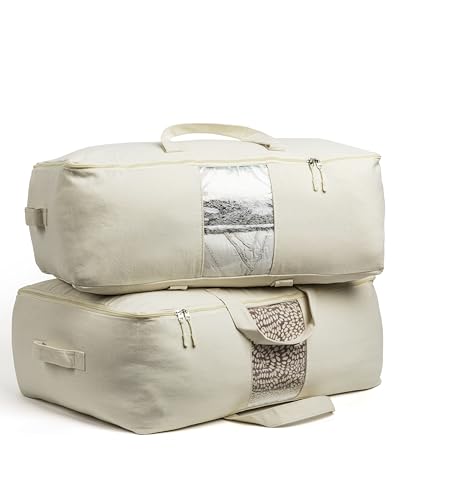 Sacs de rangement en toile souple avec fermeture éclair. Organisateur de couette épais et respirant, 2 pièces King/Queen. Quatre poignées de transport et fenêtre. Grand sac 25x19x9 pouces pour draps, couvertures, oreillers, vêtements