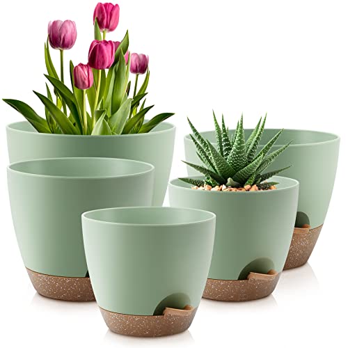 Pots de plantes Qrrica Pots à arrosage automatique de 10/9/8/7,5/7 pouces, ensemble de 5 jardinières en plastique avec trous de drainage et soucoupes, pots de fleurs en plastique, pot de plantation de pépinière pour plantes d'intérieur et d'extérieur （vert）
