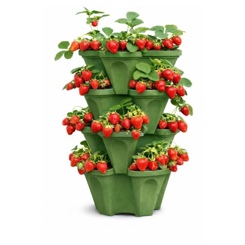 Tour de plantation de fraises, pot de fleurs vertical empilable à 4 niveaux, 16 emplacements pour plantes, pot de jardin peu encombrant, intérieur et extérieur, fabriqué aux États-Unis (4, vert sauge, petit)