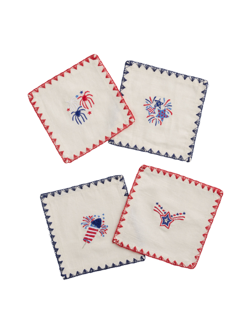 Lot de 4 serviettes de cocktail brodées Americana rouge et bleue