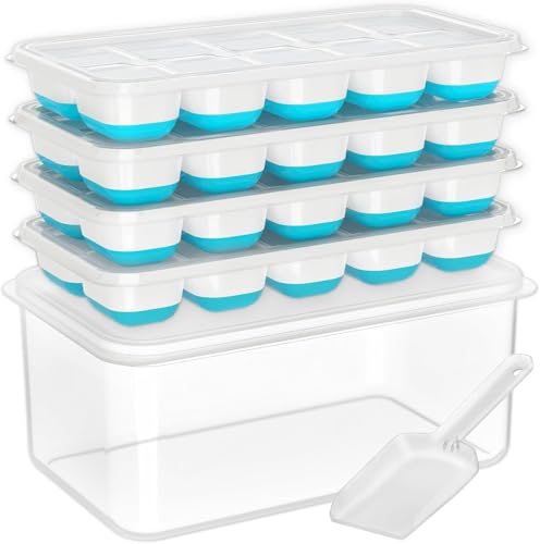 Doqaus Bac à glaçons avec couvercle et bac – Lot de 4 bacs à glaçons en silicone pour congélateur, kits de seaux à glace empilables avec récipient de stockage et bac à glaçons. Cuillère pour cuisine, camping-car, cocktail, café