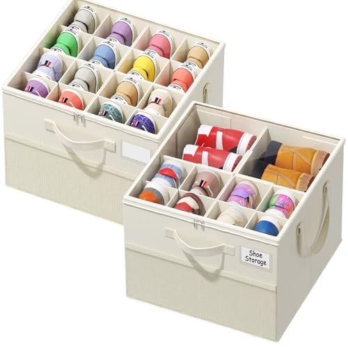Nestorganix Lot de 2 organiseurs de chaussures pour placard, grande boîte à chaussures, boîte de rangement pliable avec séparateurs réglables et couvercle transparent, support pour chaussures peu encombrant, beige