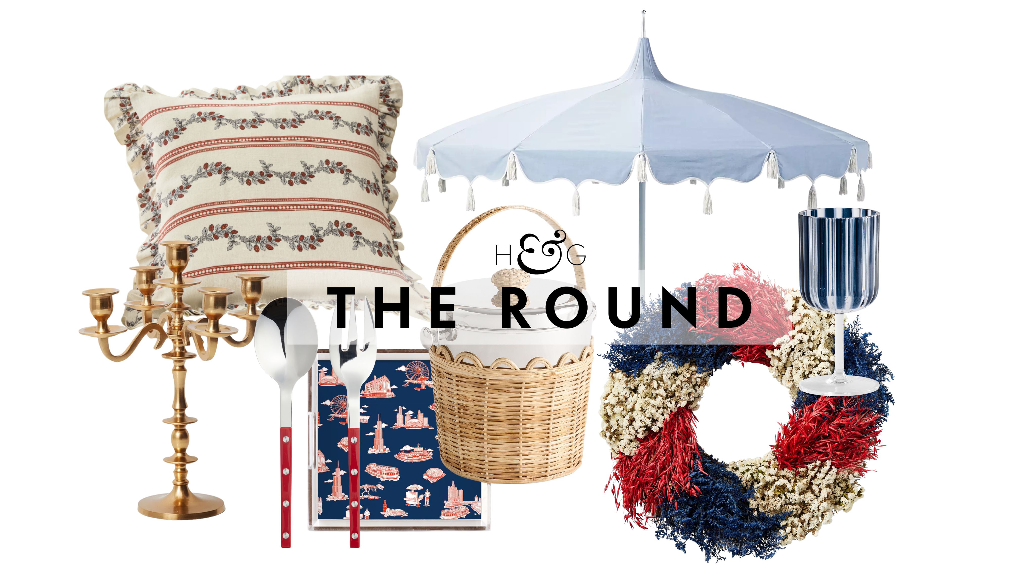 Décoration chic du 4 juillet, comprenant un candélabre doré, une housse de coussin de style antique, un ensemble de trois oies patriotiques, un seau à glace tissé, un parapluie extérieur à pampilles et une couronne festive rouge-blanc-bleu