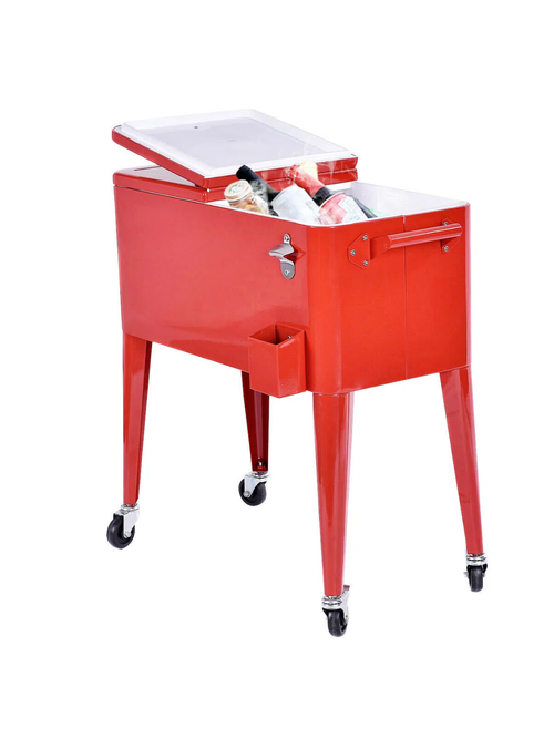 Glacière sur chariot avec roues en rouge