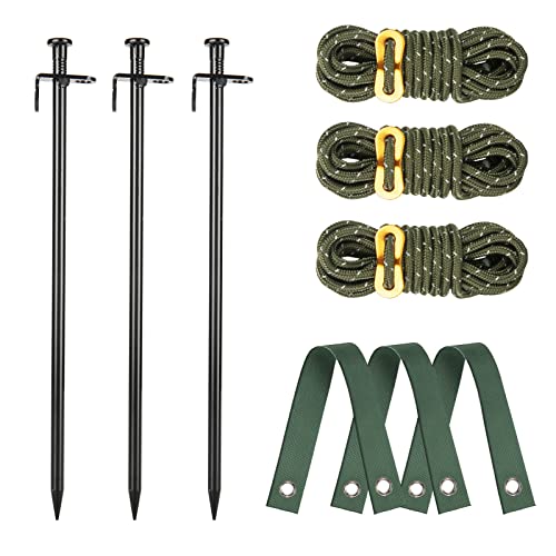 Kits de piquets d'arbre robustes, piquets et supports d'arbre en acier de 11,8 pouces pour jeune arbre anti-vent fort, kit de redressage d'ancre d'arbre penché avec 3 piquets en acier, corde de 13,12 pieds et sangles d'arbre