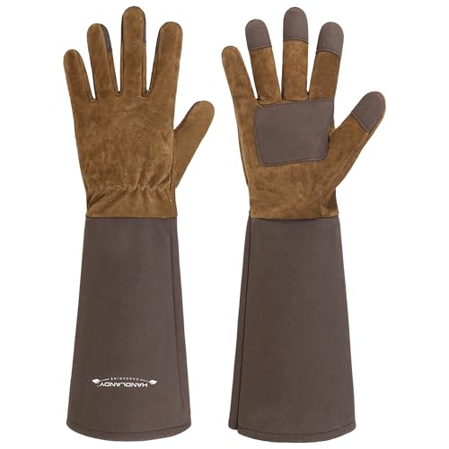 Gants de jardinage longs Handlandy pour hommes et femmes Gants d'élagage de roses en cuir de vache pour femmes, respirants et respirants Gant Gauntlet durable (moyen, marron)