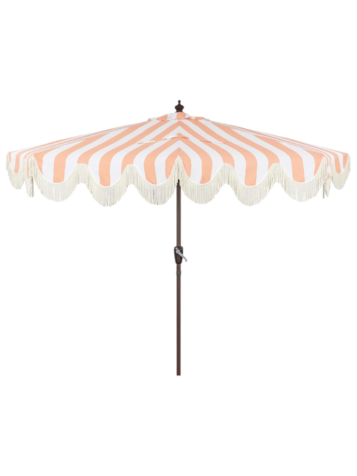 Parasol de terrasse « demi-lune » peu encombrant avec frange festonnée