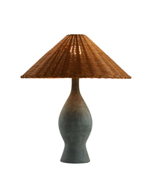 Lampe de Table Courbe en Céramique Verte avec Abat-Jour en Rotin par Athena Calderone 24.2