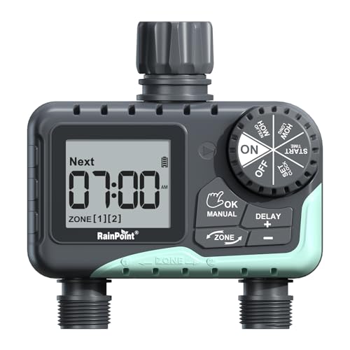 Minuterie d'arrosage Rainpoint pour tuyau d'arrosage – Minuterie d'arrosage à 2 zones avec retard de pluie/arrosage manuel/irrigation automatique pour pelouse de cour