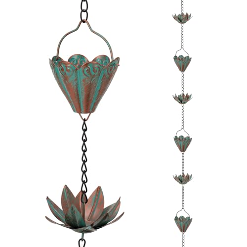 Giole Lotus Chaînes de pluie pour gouttières, chaînes de pluie avec 8 tasses, chaîne de récupération de pluie réglable pour l'extérieur, descente de remplacement pour gouttières, avant-toits, drainage