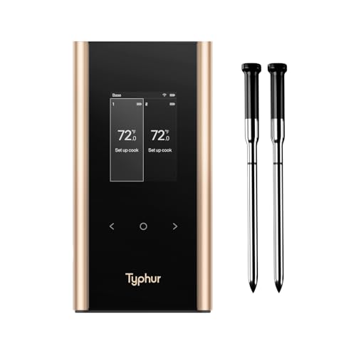 Thermomètre à viande Wifi sans fil Typhur Sync Gold, 2 sondes fines, 6 capteurs, signal 10x plus fort, &plusmn;0,5℉ Précision, configuration directe de la base intelligente, lecture fiable via la friteuse à air Kamado Grill Bbq Oven Smoker