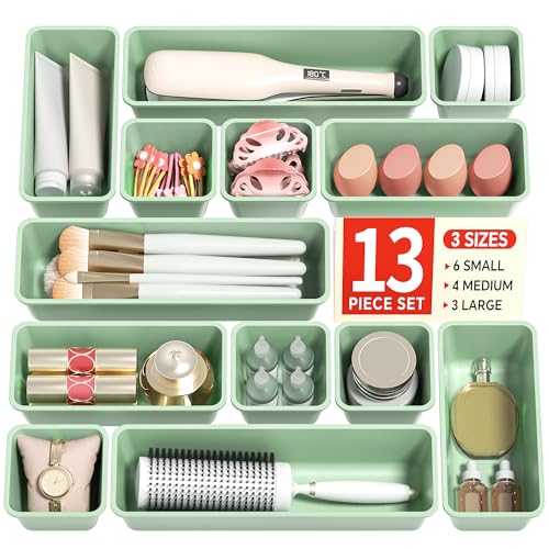 Canfanni Lot de 13 organisateurs de tiroirs en plastique, 3 tailles de plateaux de rangement de tiroirs de bureau pour vanité et organisateur de maquillage, organisation et rangement pour le maquillage, les ustensiles de cuisine, la salle de bain et le bureau (vert)