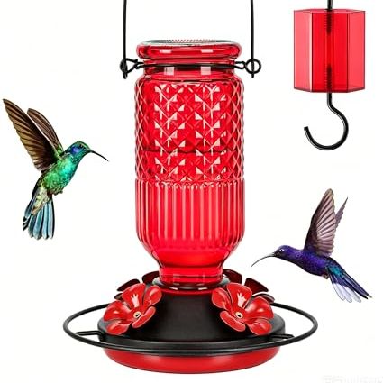 Mangeoire à colibris en verre pour jardin, à suspendre à l'extérieur, mangeoire à nectar anti-fuite de 16 oz avec protections pour abeilles et protection contre les abeilles Fossé de fourmis, 4 ports d'alimentation en fleurs en métal, 360° ; Anneau de perche, recharge et amp; Propre, rouge