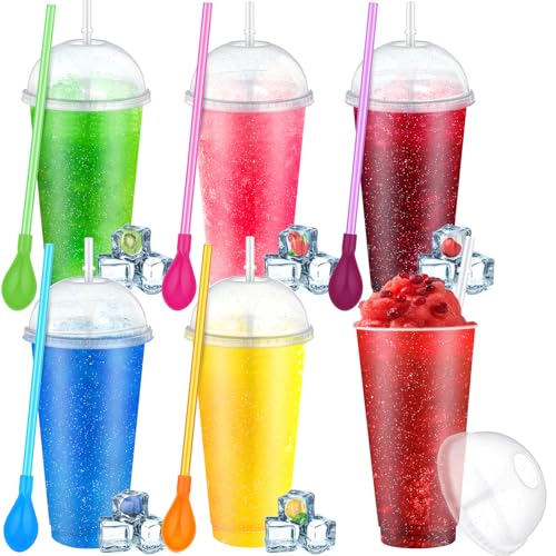 Ninehaoou 6 Ensemble de Tasses à Slushie avec Couvercles en Dôme et Pailles Cuillère Amovible Pailles Tasses à Café Glacé en Plastique Réutilisables Gobelet à Smoothie pour Anniversaires Fournitures de Fête d'été (Transparent, 24 Oz)