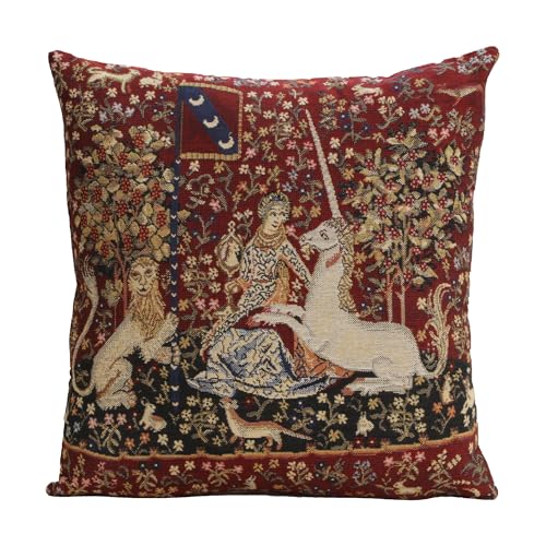 Charlotte Home Furnishings Inc Housse de coussin 40,6 x 40,6 cm, Lady & amp; Housse de coussin décorative en Jacquard rouge licorne, tapisserie médiévale belge, décoration de chambre à coucher, de canapé, en coton doux