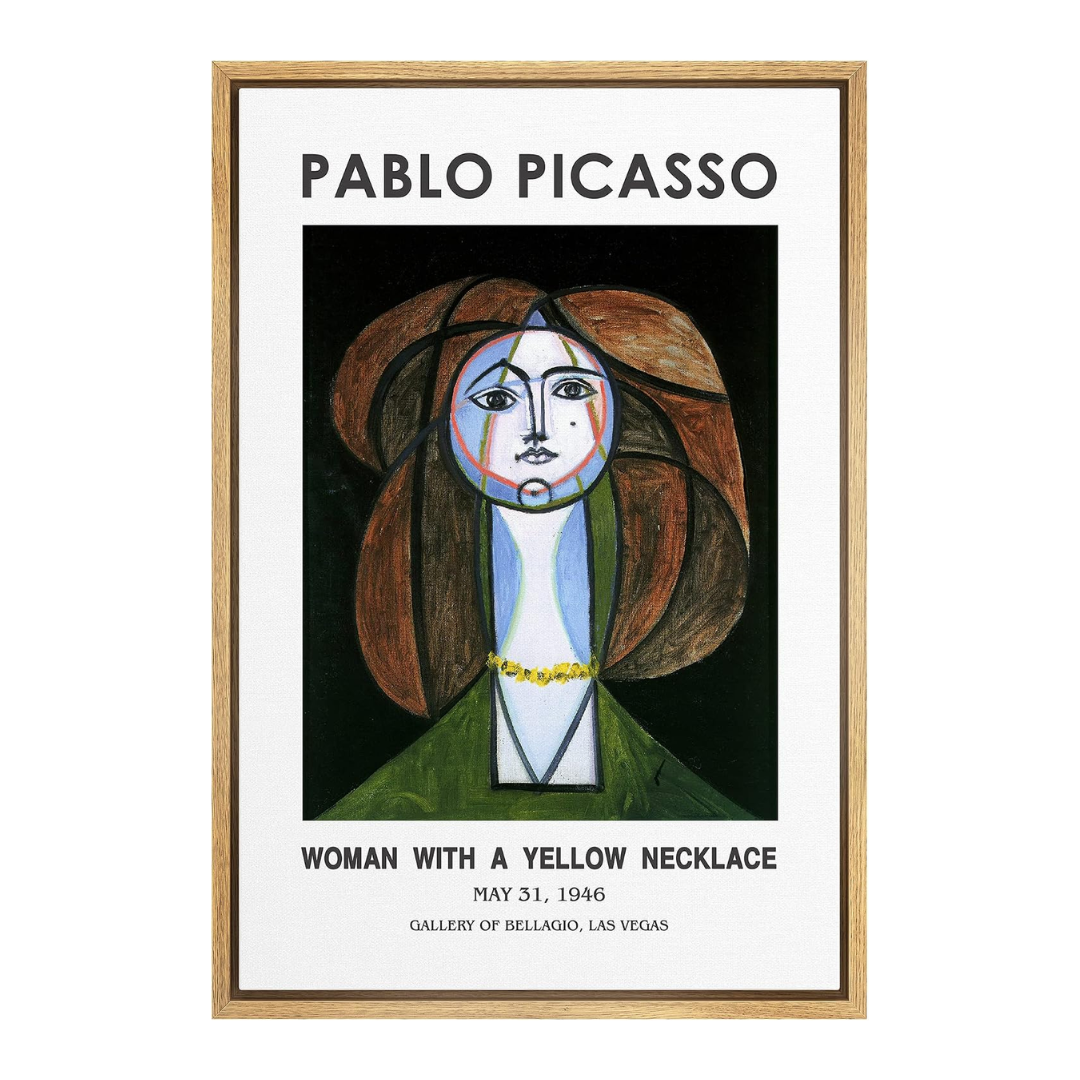 Idea4wall Impression sur toile encadrée Art mural Femme avec collier jaune de Pablo Picasso Illustrations culturelles historiques Beaux-arts traditionnels colorés pour salon, chambre à coucher, bureau - 24 
