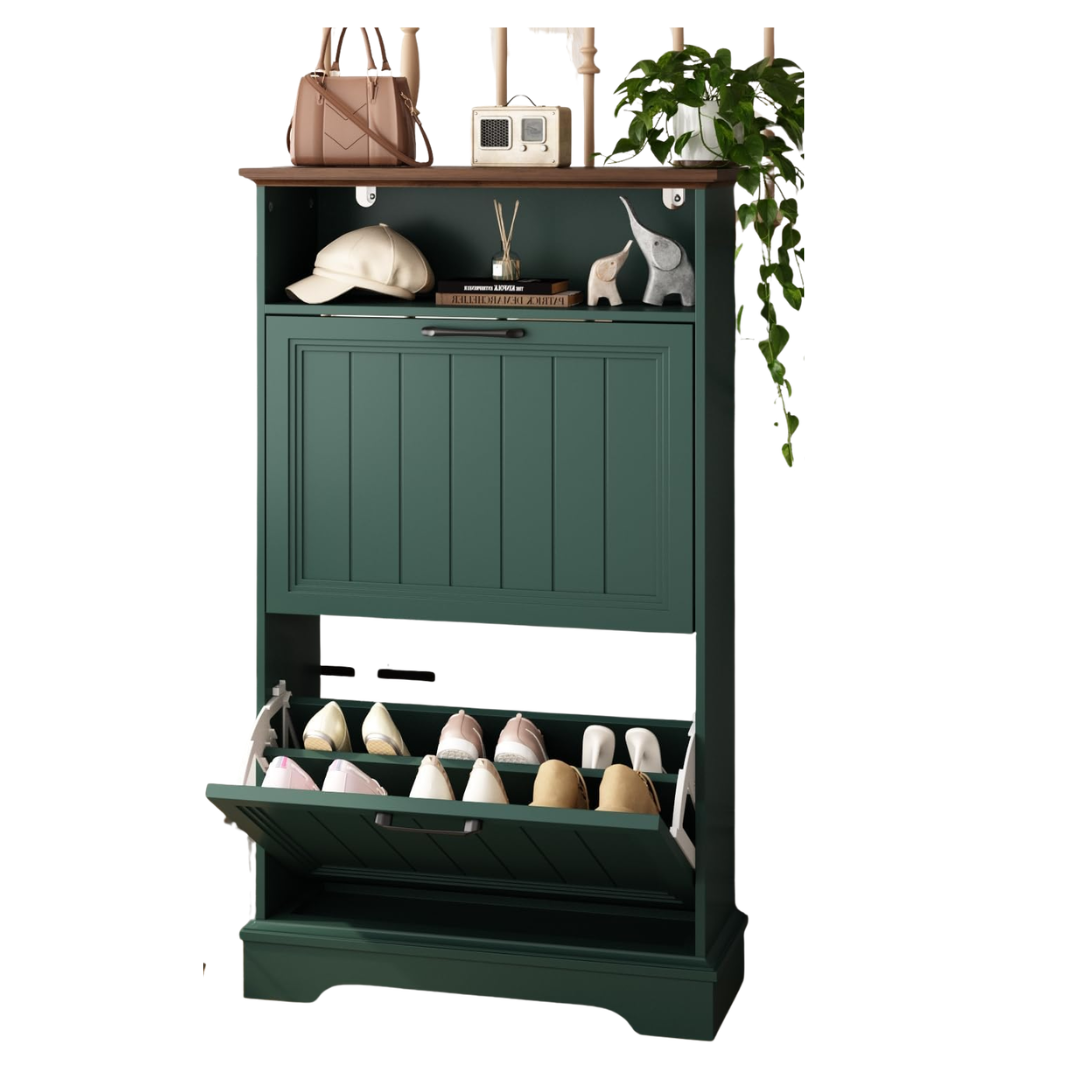 Armoire de rangement pour chaussures avec 2 tiroirs rabattables, 24 po W Farmhouse Armoire à chaussures cachée moderne avec étagères réglables et étagères réglables. Rangement ouvert, organiseur de chaussures étroit et fin pour porte d'entrée, entrée, vert