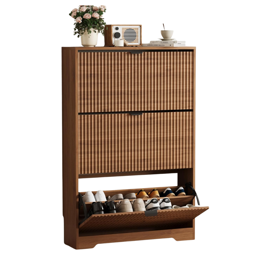 Armoire à chaussures de rangement pour entrée avec 3 tiroirs rabattables, armoire à chaussures cannelée en noyer avec étagères réglables, étagère à chaussures cachée en bois, rangement de chaussures mince et étroit autoportant pour couloir, entrée