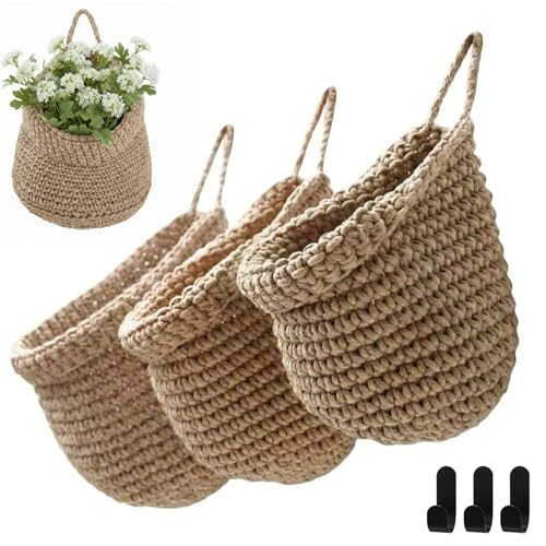 Honeydak Lot de 3 paniers muraux suspendus style bohème pour cuisine, paniers en forme de larme avec crochets de rangement pour fruits, oignons, légumes, pommes de terre pour la maison, 3 tailles (lin clair, tonneau, corde en coton)