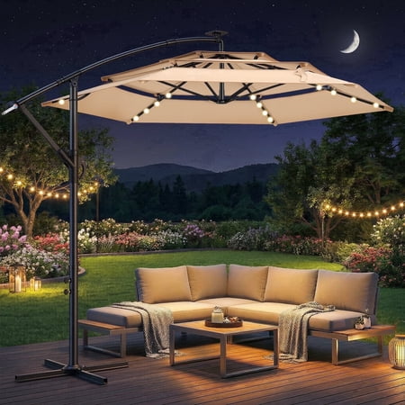 Taskbay Parasol de terrasse en porte-à-faux à 3 niveaux avec éclairage LED solaire, pare-soleil extérieur à suspendre pour plage, jardin, terrasse, bord de piscine, beige 3 m