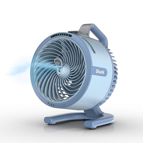 Tout nouveau ventilateur Shark Flexbreeze Hydrogo Pro, intérieur et extérieur Ventilateur de refroidissement puissant d'extérieur avec brume sèche au toucher, portable sans fil et amp; Filaire, longue autonomie de la batterie, 5 vitesses, Sky, Fa056bl (version 2026)