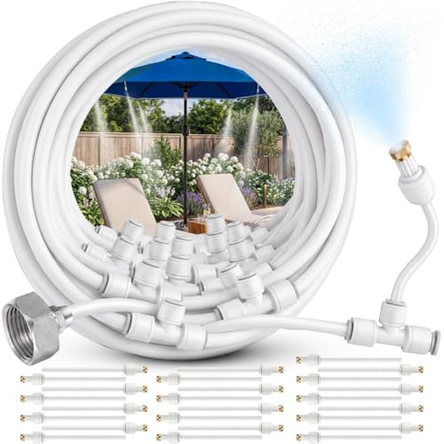 Système de brumisation pour terrasse, brumisateurs extérieurs de 75 pieds pour le refroidissement extérieur du patio, kit de brumisation fine avec buses à tige flexible, configuration de robinet de jardin pour pergola, jardin, serre, arrière-cour, blanc