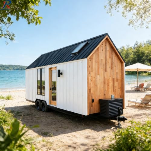 Alpine Retreat Cabine de voyage pour camping-car sur roues remorquables, maison de camping mobile transportable avec panneau de décoration mixte pour ruisseau de montagne, prairie, fleurs sauvages, escapade en plein air toutes saisons