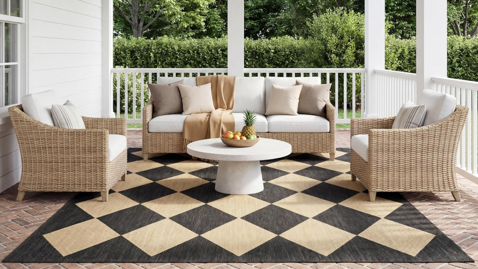 Les designers disent qu’un tapis est le secret d’un patio plus soigné – Ces 9 trouvailles chics d’Amazon facilitent la tâche a decorative outdoor rug from amazon on a patio with patio furniture