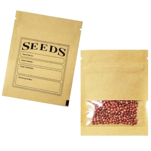 Pabck Paquet de 100 petites enveloppes de graines refermables avec fenêtre transparente 2,7 x 3,7 pouces Paquet de papier kraft brun avec modèle de collecte de graines pré-imprimé pour emballage de stockage de jardin de plantes de fleurs de graines
