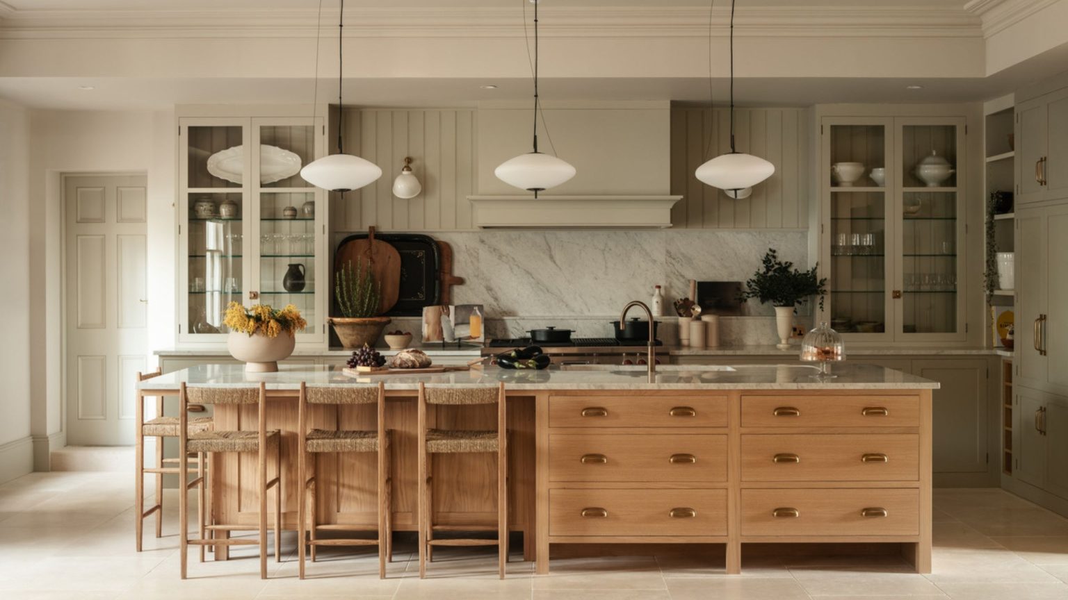 A large family kitchen with pale green walls and cabinetry paired with a wooden island