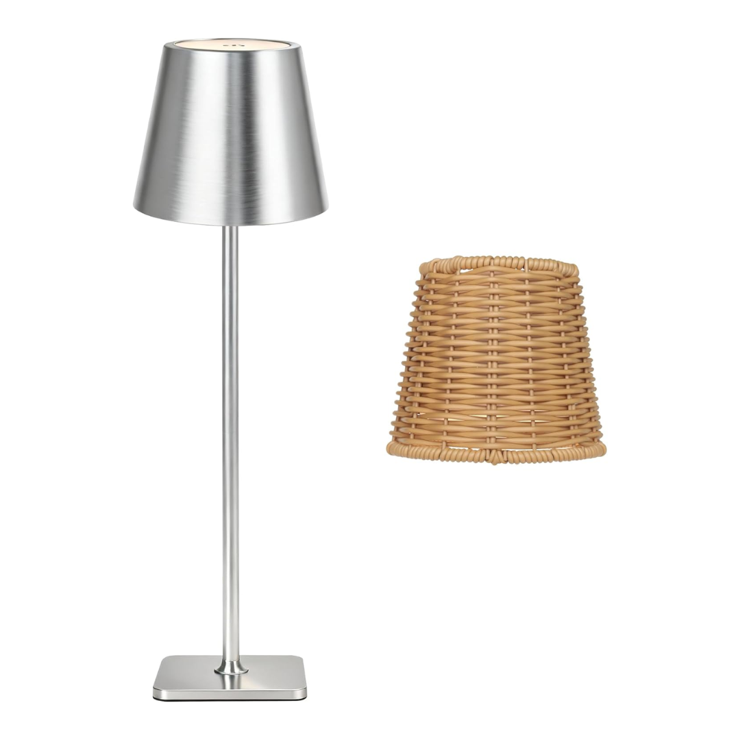 Mr. White Lampe de table LED d'extérieur étanche, sans fil, rechargeable, portable, alimentée par piles, lampe de bureau pour restaurant, cuisine, patio, dîner (nickel)
