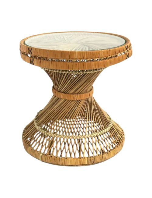 Table d'appoint ronde en verre et osier, vers le milieu du XXe siècle