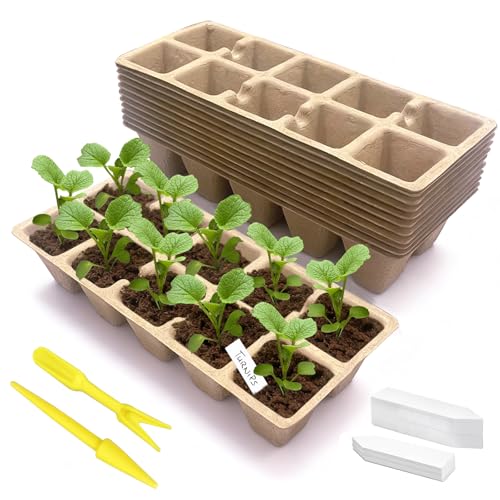 Kimdozee Plateau de démarrage de graines 120 cellules, paquet de 12 pots de tourbe de germination avec 100 étiquettes, kit de démarrage de plantes pour semis