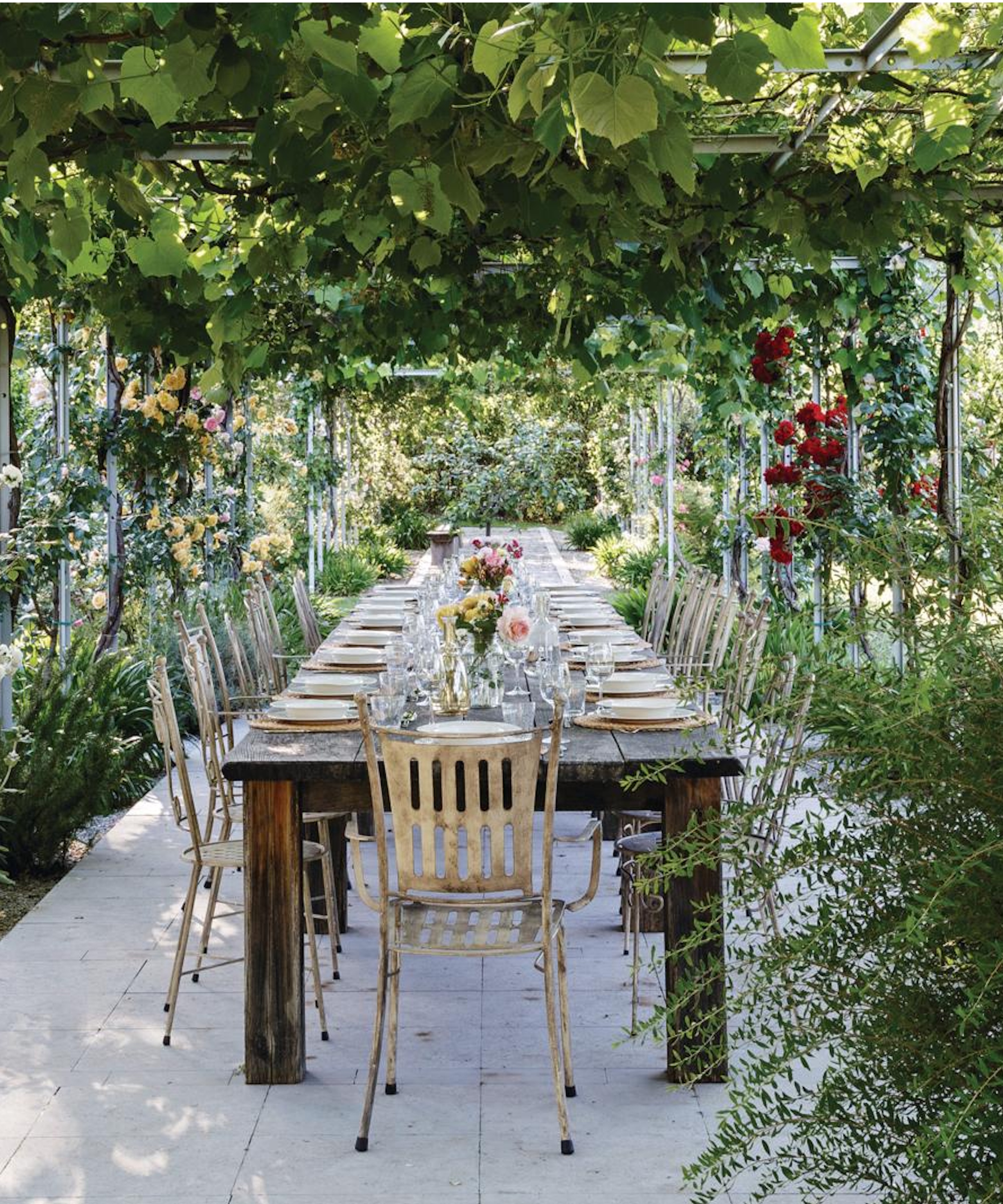 Table à manger extérieure sous une végétation luxuriante sur une pergola