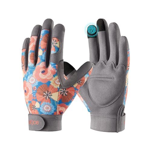 Cooljob Gants de travail de jardinage de taille moyenne pour femmes, résistants aux épines pour la taille des roses, la manipulation des cactus, la plantation de mûres, résistants à la perforation, antidérapants, flexibles, 1 paire M Floral Orange