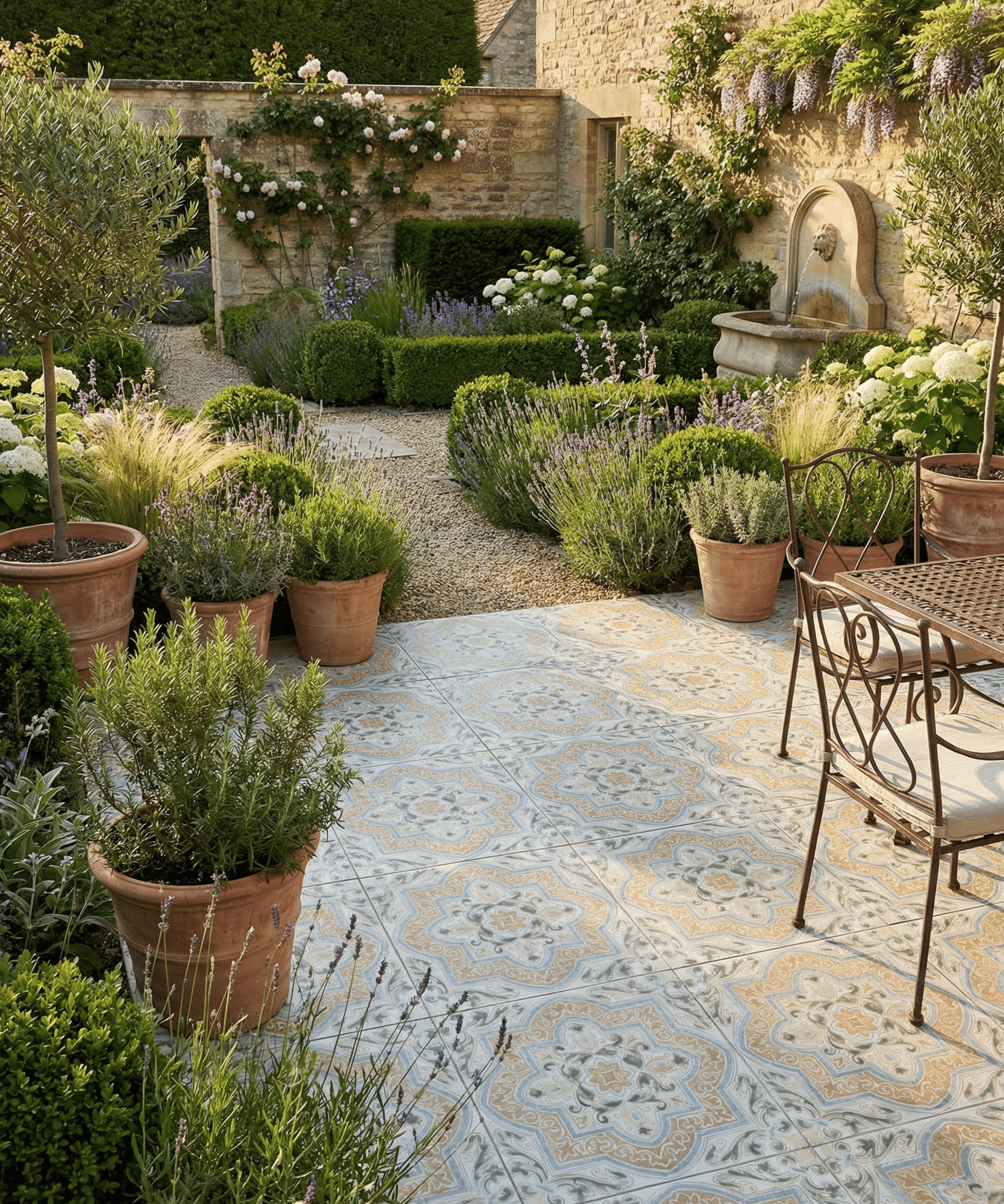Patio avec carrelage à motifs et beaucoup de plantes en pot